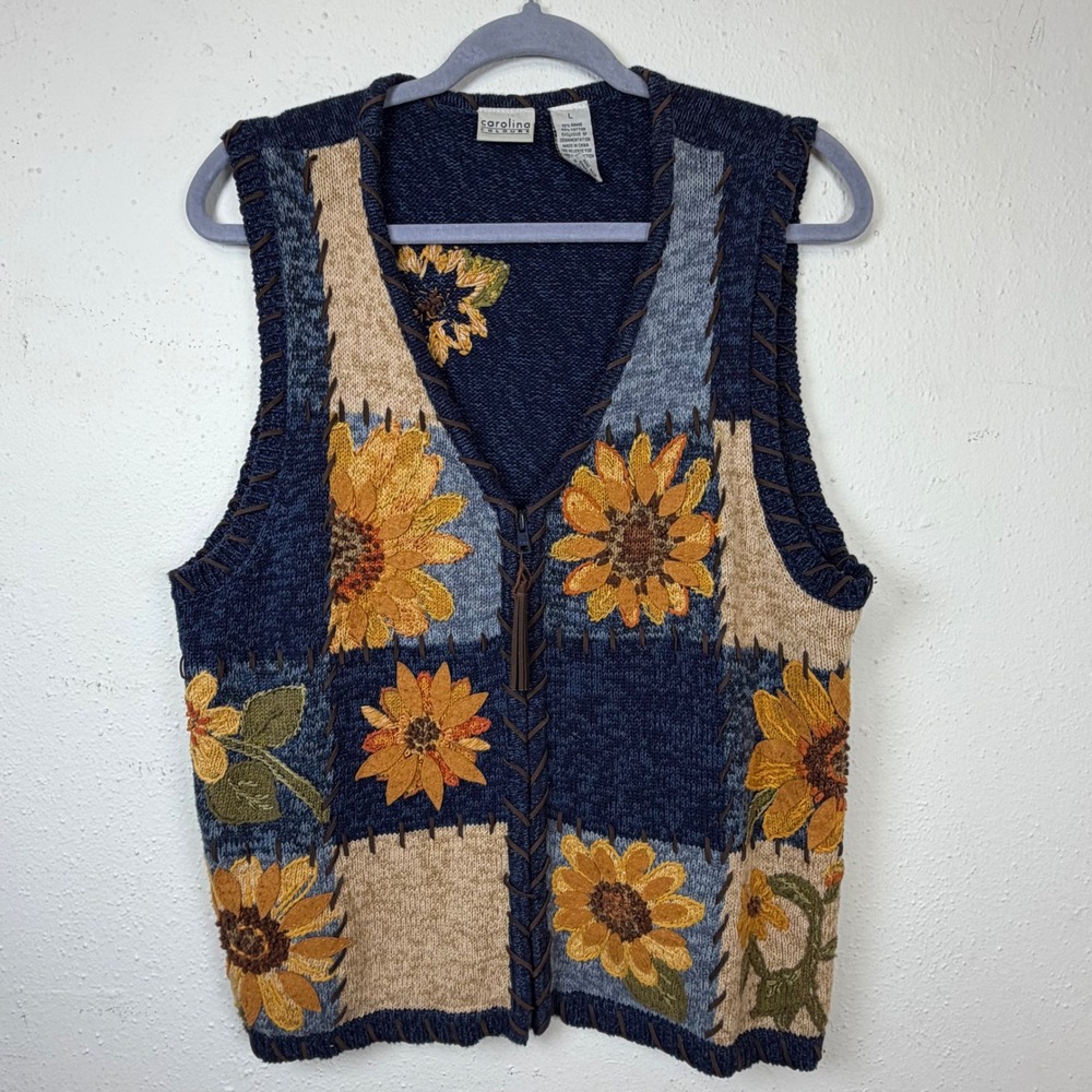Carolina Colours Large Sunflower Patchwork Sweater Vest Zip Front Cottagecore 90